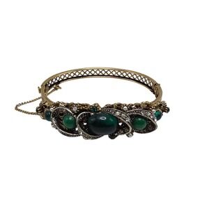 Vintage ART Arthur Pepper Emerald & Jade Green Rhinestones Clamper Bracelet